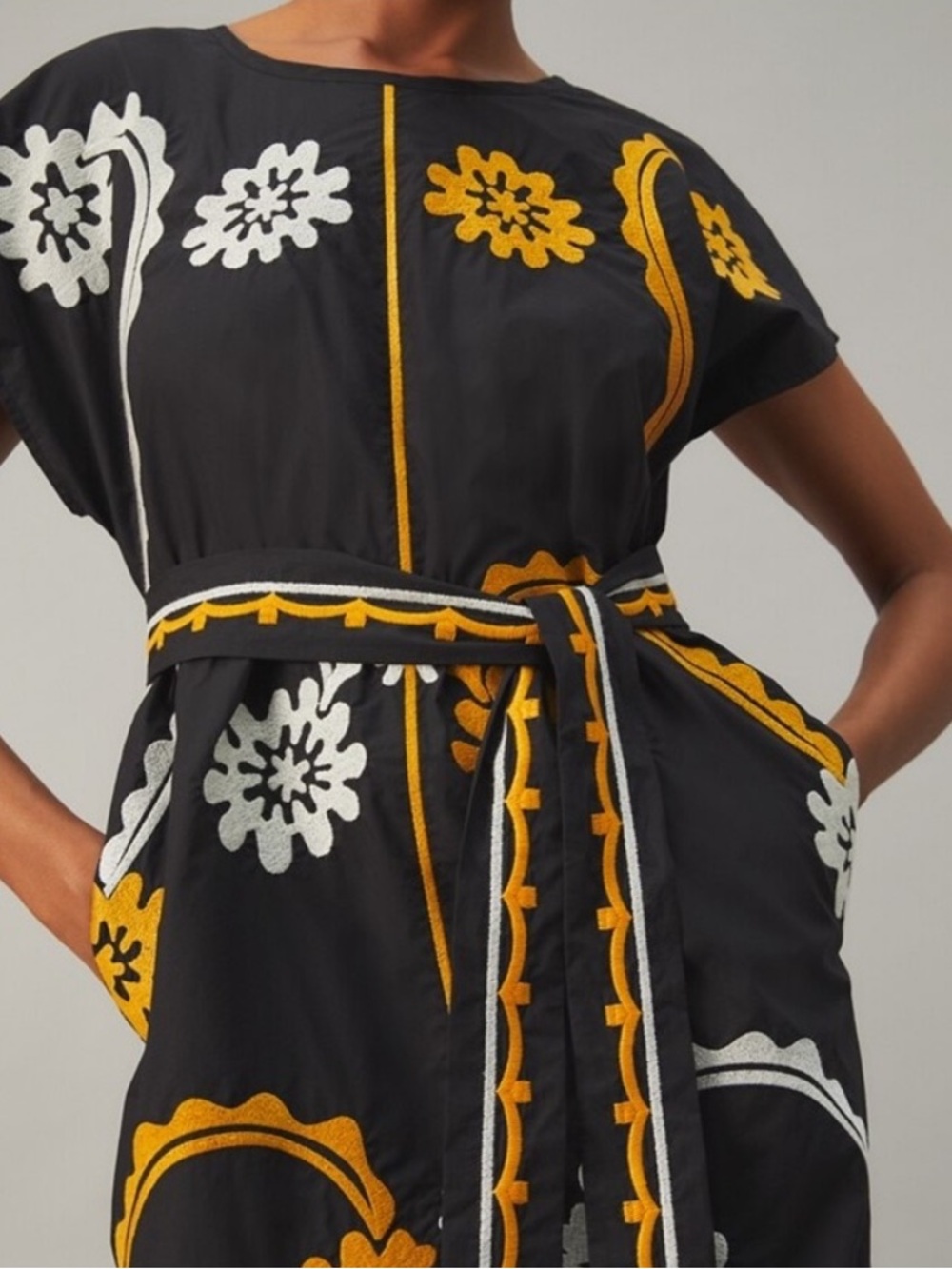 Tory Burch Embroidered Cotton Poplin Caftan Midi Dress Floral Black Gold White M - Picture 3 of 15